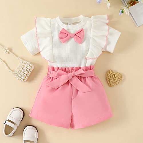 Lykmera Camiseta para meninas de manga curta com babados e nervuras, shorts, roupas para meninas 2 a