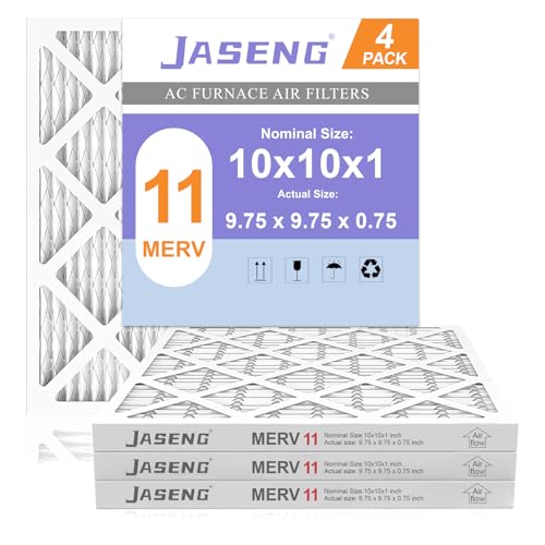 10x10x1 Furnace Air Filters MERV 11, Jaseng 4 Pack AC Furnace Filter MPR 1000 & FPR 7 Filtering, HVAC Air Filter Replacement (exact dimensions: 9 3/4x9 3/4x3/4)
