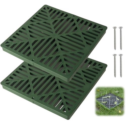 Calvana 2 Pack 12 Inch Catch Basin Drain Grate, Fiberglass Reinforced Polyethylene Square Drain Cover for Yard Patio Driveway Drainage, Green