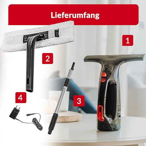 LEHMANN Akku Fensterreiniger, 25 min. Akkulaufzeit, 25 cm Reinigungsbreite, 75 m² pro Ladung, 100 ml Schmutzwassertank, Fenstersauger mit Verstellbare Teleskopstange, Mikrofasertuch und Ladegerät