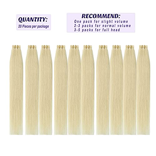 Invisible Seamless Skin Weft, Rooted Tape In Human Hair Extensions, Adhesive Glue Natural Silk Straight #60 Platinum Blonde 18Inch 40G 20Pcs Remy Human Hair Extensions. #TOP4