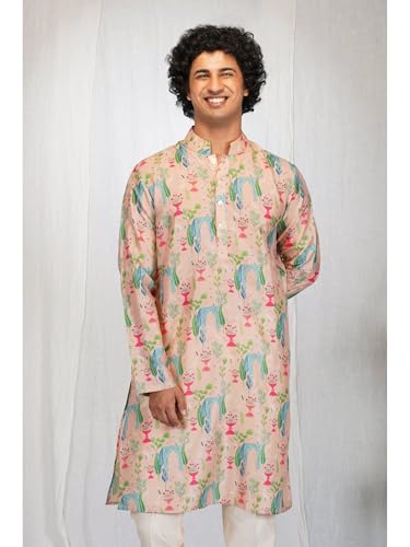 Image of LookMark Men's Cotton Blend Printed Long Kurta Suitable for All Indian Wedding, Occasions, and Festivals