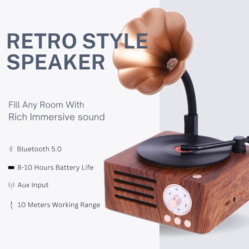 Image of Bigsmall Retro Gramophone Bluetooth Speaker Premium Retro-Style Portable Decorative Speaker with Hands-Free Calling, Rich Sound Quality, 6-Hour Battery Life (1-Year Warranty)