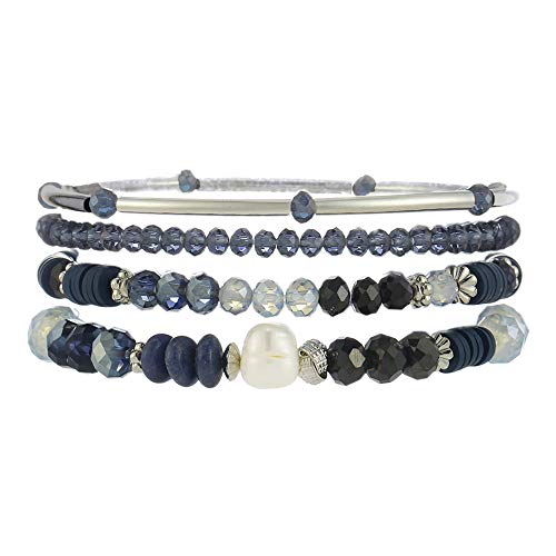 Bohemian Mix Bead Multi Layer Versatile Statement Bracelets for women girls - Stackable Beaded Strand Stretch Bangles Sparkly Crystal pearl (Blue)