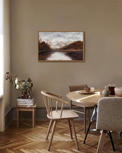 Image of KISSFOX Vintage Fall Countryside Framed Wall Art Autumn Lake Mountain Forest Landscape Canvas Art Farmhouse Nature Paintings Artwork Rustic Serene Art Prints For Kitchen Living room Bedroom