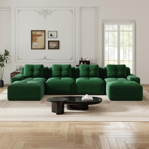 Image of 153 inch U-Shaped 4-Seater Modular Boneless Couch with 2 Ottomans, Premium Corduroy Upholstery, Deep Seat Cloud sectional Sofa, No Assembly Anti-Slip Design, Green