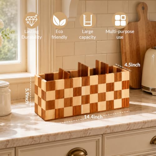 Image of Large Kitchen Utensils Holder 4 Compartments with Checkered Design,Corner Utensil Caddy for Countertop,Acacia Wooden Mixed With Poplar Wood Utensil Organizer for Kitchen Countertop, Farmhouse Decor