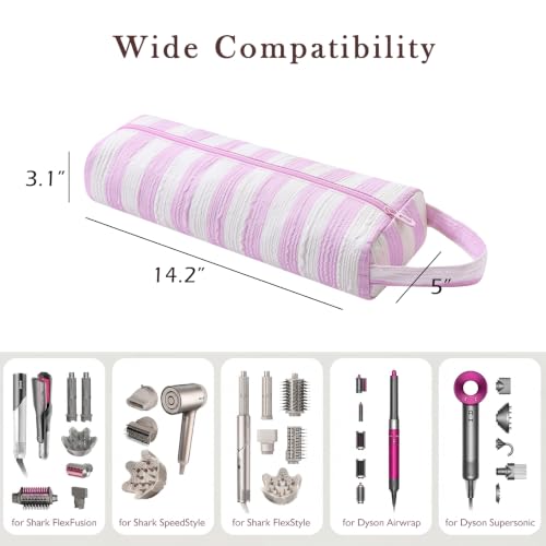 Image of RSRSLEII Striped Hair Tools Travel Bag,Hair Styling Accessories Storage Case for Shark FlexStyle,Dyson Airwrap Hair Dryer,Curling Iron,Straightener,Revlon Hair Tools,Portable&Foldable(16Pink&White)