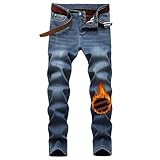 DISLANBO Mens Thermal Fleece Lined Winter Slim Fit Thickened Stretch Warm Denim Jeans Light Blue