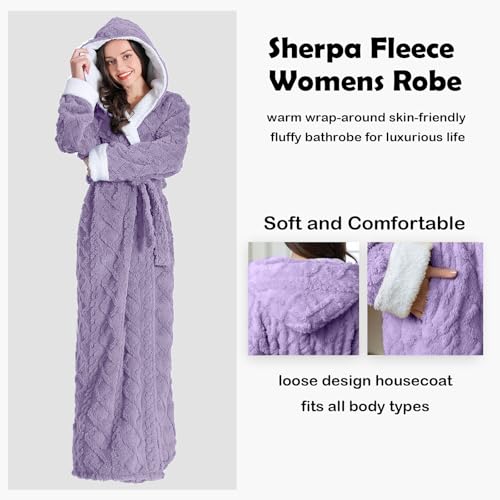 Oksun Womens Long Sherpa Fleece Robe: Floor Length Hooded Bathrobe, Jacquard Warm Winter Housecoat, Fluffy Soft Cozy Nightgown (Purple, XL)