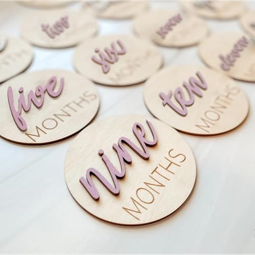 eoscasely Baby Monthly Milestone Markers Disc Wooden 3D Milestone Cards for Photos Baby Announcement Sign 1-12 Months wooden baby milestone sign (Blush)