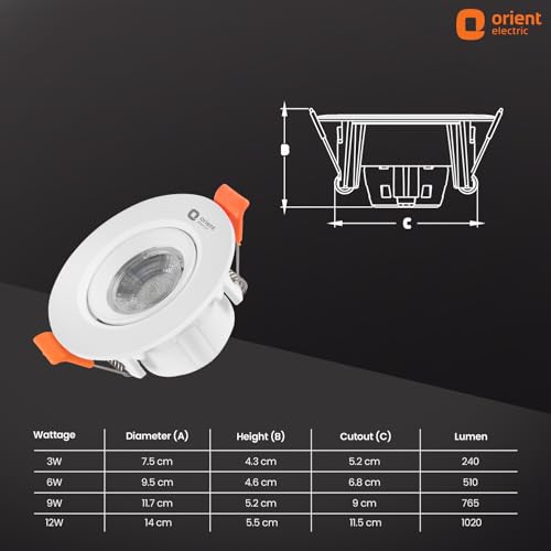 Image of Orient Electric 9W COB Spot Light | Tilt Adjustment for Flexible Lighting (30) | Wide Voltage Operation | Round Recessed Ceiling LED Light | 3000K, Pack of 1