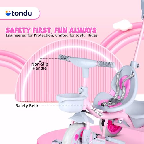 Image of TONDU Kiddo Tricycle for Kids /Baby with Storage Basket | Seat Belt with Parental Control Baby Tricycle (Pink)