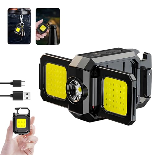 MVIOCS Lampe de poche porte-clés LED rechargeable 1000 lumens 5 modes COB Mini lampe de poche étanche, support pliable décapsuleur, lampe de poche portable avec base magnétique pour le camping et la