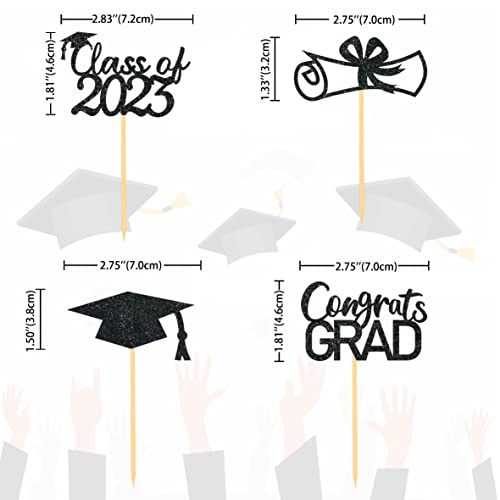 2023 Graduation Theme Cupcake Toppers Glitter Class Of 2023 Graduation Cap Diploma Cupcake Picks - Set Of 24 (Black) #TOP1