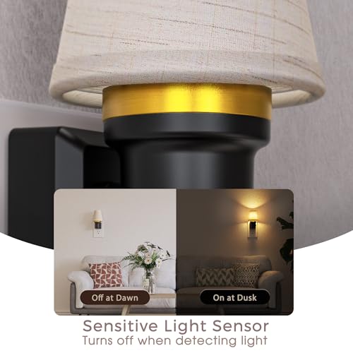 Image of Briignite LED Night Lights Plug into Wall, 2 Pack Linen Fabric Round Platform Decorative Night Light, Dusk to Dawn Sensor,0-100LM Dimmable Vintage Lamp Nightlight for Bedroom Living Room Hallway