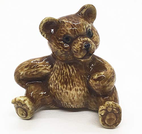WitnyStore Tiny 1¼" High Brown Looking Left Teddy Bear Figurine - Miniature Hand Made Painted Ceramic Animals Porcelain Clay Pottery Decorative Collectible Figurines Décor Gifts