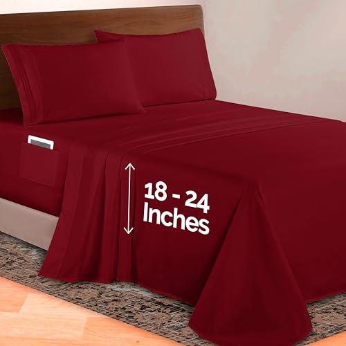 Image of Elegant Comfort Luxurious 1500 Premium Hotel Quality Microfiber 4-Piece Sheet Set, 18-24 Inches Deep - Extra Deep Pocket Sheets - Ultra Soft 4PC Deep Pocket Sheets, Full, Burgundy