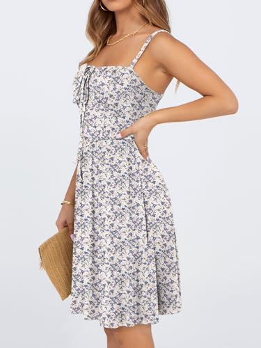 Image of YATHON Summer Mini Corset Sun Dress for Women Short Casual Square Neck Lace Up Floral Beach Vacation Dresses with Pockets