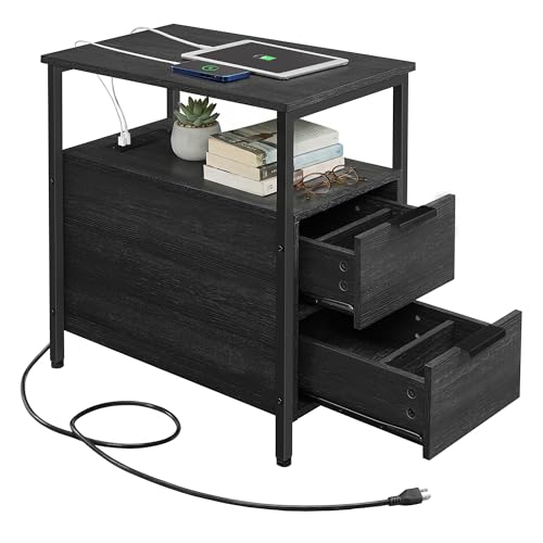 VASAGLE Side End Table with Charging Station, Slim Nightstand with 2 Drawers, Narrow Bedside Table for Living Room, Small Spaces, Charcoal Gray and Ink Black ULET321B22V1S by VASAGLE - Used condition - US$63.48