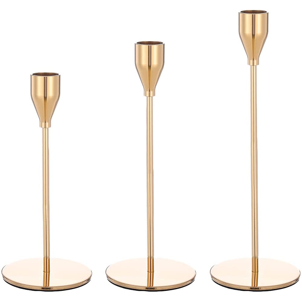 Somswcpass Long Candle Stick Holders Fits 3/4 inch Taper Candles Set of 3, Decorative Candlestick Holder Metal Candelabra for Table Wedding Reception Candlelight Dinner Housewarming Gift (Gold)