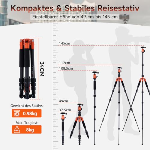 Rollei Compact Traveler No.1 Carbon Orange Kamera Stativ 145cm Reisestativ – Ansicht 3