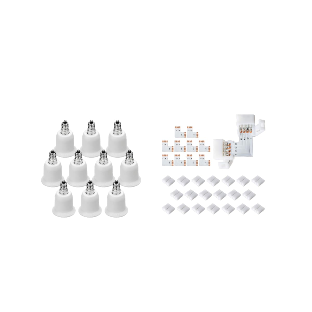 ACKYLED 10-Pack E12 to E26 Adapter and L Shape 4-Pin LED Connectors 10-Pack with 22Pcs Clips 10mm for Strip Lights