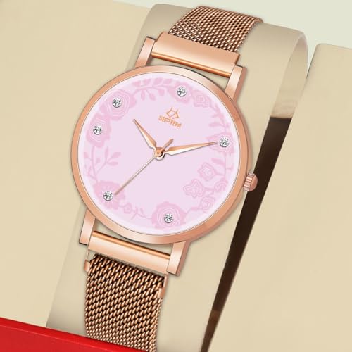 Image of Septem 147-BlackMagnet Belt Diamond Studded Flower Design Analog Wrist Watch for Girls