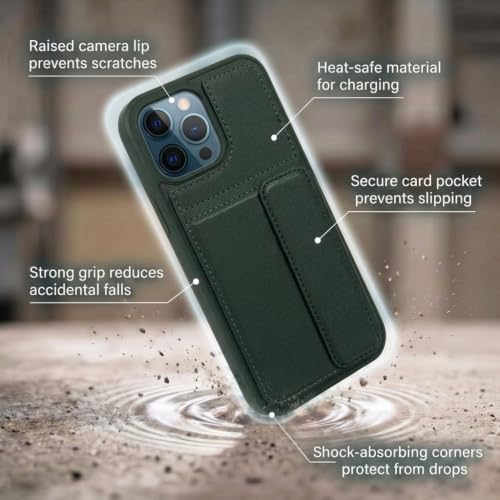 Image of amazon basics Luxury Vegan Leather Back Cover for iPhone 11 Pro Max | Built-in Card Holder Slot | Integrated Mobile Stand | Slim Shockproof Protective Case with Stitched Finish - Green