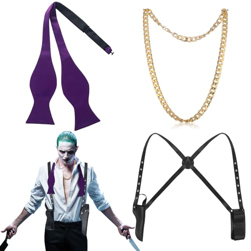 Yeyeplum 3 Pcs Halloween Joker Costume Accessories for Men Included Gold Necklace Black Artificial Leather Adjustable Gun Holster Solid Self Bow Tie for Halloween Cosplay Party Cute Villain Dress up