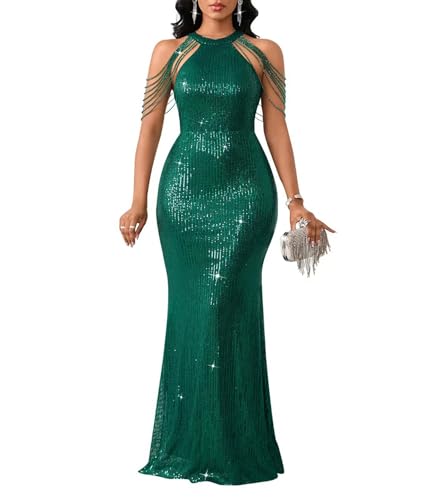 Cololura Women Sexy Elegant Sequin Tassel Off Shoulder Halter Bodycon Maxi Dress Party Evening Gown Formal Dress Green