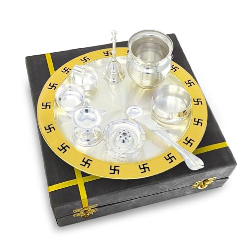 Image of BENGALEN Pooja Thali Set Gold Plated with Grey Gift Box Designed Puja Plate Kalash Bowl Haldi Kumkum Stand Ghanti Dhup Dan Palli Diya for Home Office Diwali Wedding Return Gifts