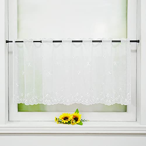 Yujiao Mao Lot de 1 rideau brise-bise style maison de campagne avec broderie florale aspect lin Rideau de cuisine brise-bise transparent avec barre perforée, H 45 x L 90 cm, blanc Cover