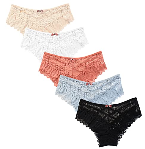 Seaur Women Criss Cross Panties Floral Lace Hipster Underwear Breathable Stretch Briefs 5 Pack Black White Blue Beige Pink L #TOP30