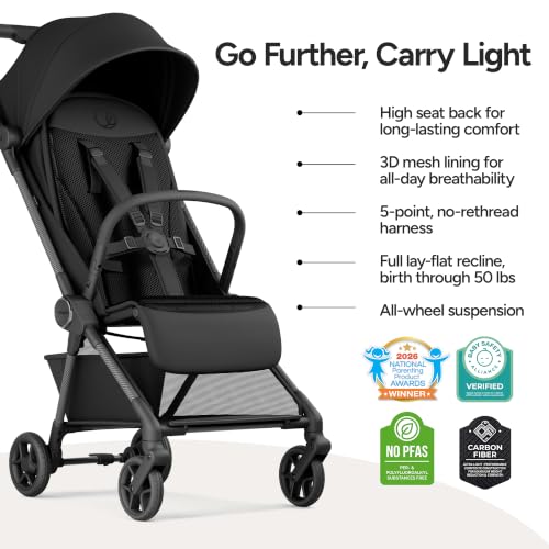 Image of Mompush Nexis Carbon Fiber Lightweight Travel Stroller, Carry-On, Black | Lightweight travel stroller for airplane, compact auto-fold, one-hand recline, XL basket, cup holder, rain cover included