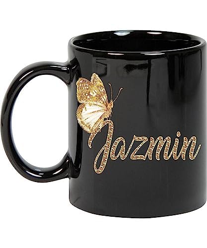 Coffee Mug Personalized Jazmin Name Customized Mug with Name Gold Butterfly Text Mug Gift for Women, Her, Girl 11oz Black Mug 330303 496639 disponible en Yaxa Peru