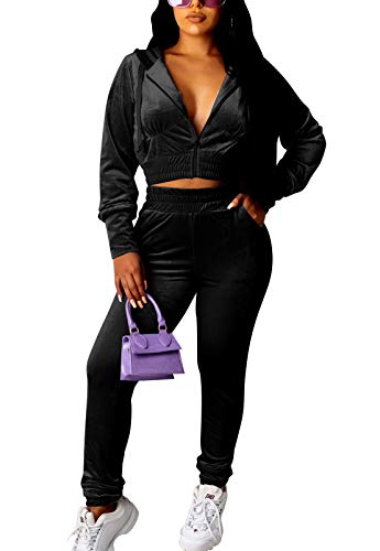 Wuitrie Womens Sexy 2 Piece Sweatsuit & Sweatpants Velour Full Zip Hoodie Tracksuits Sportswear Black XL