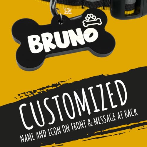 Image of PAWPRO HANDMADE Reflective Yellow Nylon Dog Collar with Custom Engraved Bone ID Tag- Adjustable for Medium Dogs (15-21 inch) - Durable, Safe & Comfortable (Yellow-Medium)