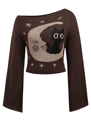 SOLY HUX Women's Sweater Cat Moon Graphic Off Shoulder Bell Long Sleeve Knit Pullover Tops Coffee Brown Graphic Large