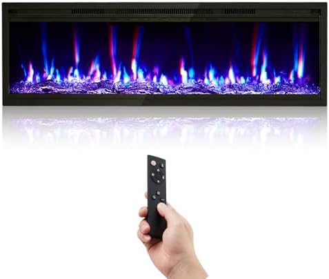 GarveeHome 50 in Electric Fireplace Wall Mounted/Recessed with Remote Control, 4.2 in Ultra-Thin Linear Fireplace Heater 750W/1500W with Timer, 12-Color Flames, Log & Crystal Options - Thumbnail 2