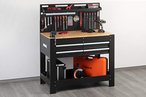 Meister Werkbank 1400 x 1140 x 610 mm - 200 kg Tragkraft - Vier Schubladen, Lochrückwand & drei Ablagefächer - Mit LED-Arbeitsleuchte & integrierter Steckdosenleiste - Aus Stahl / Werktisch / 9079700