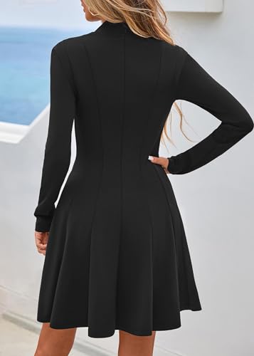 Lazysmile Fall Dresses for Women 2025 Long Sleeve V Neck Half Zip A Line Swing Casual Party Club Mini Short Dress Black — view 2