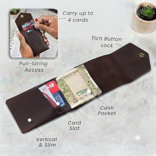 Image of Leatherful Flip - Top Grain Leather Vertical Slim Wallet for Men | Easy Quick Card Access | Compact Front Cash Pocket & Button Lock | Minimalist Travel & Daily Carry Wallet (Brown)