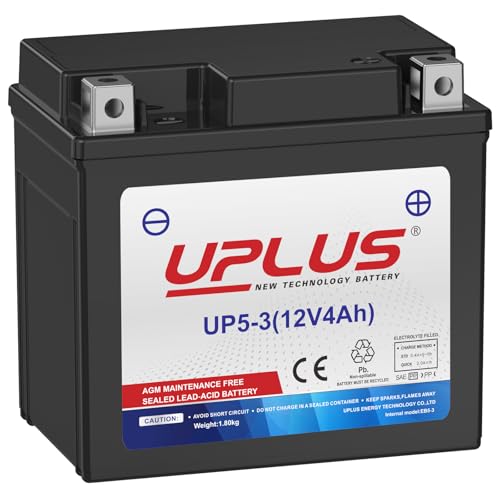 UPLUS Motorcycle Battery UP5-3 12V 4Ah 70A CCA replace for -TX5L-BS Agm Maintenance Free SLA Scooter ATV | Confirm size before order 113L x 70W x 105H(mm)