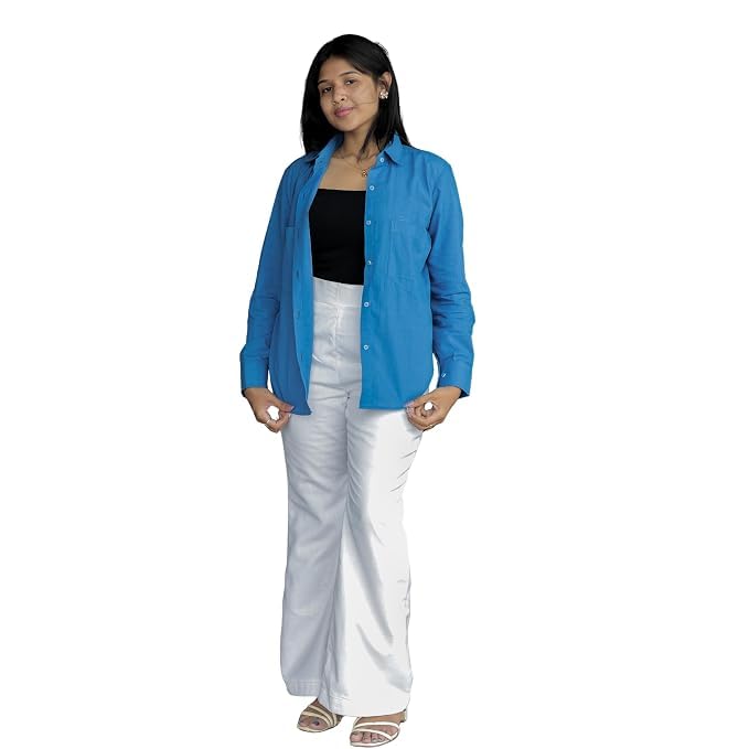 Women's 2 Piece Co-Ord Set | Blue Full Sleeve Open Front Shirt, Black Camisole Top & White Wide Leg Palazzo Pants | Cotton Blend Casual | Regular Fit Outfit for Women-picture-39