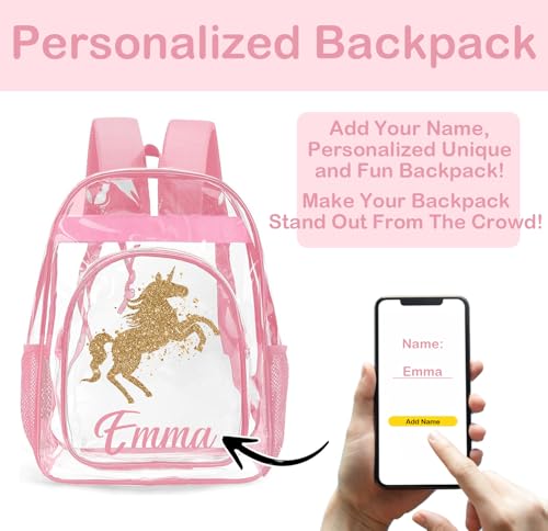 Personalized Clear Backpacks with Name, Custom Unicorn Clear Backpack for Women Men, with Reinforced Strap & Large Capacity PVC Transparent Waterproof Backpacks for Travel Camping Work4