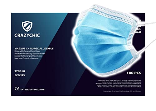 CRAZYCHIC - 100 Mascarilla Quirúrgica Desechable Azul Homologada CE EN14683 Tipo IIR - Máscara Higienica Certificación BFE99% 3 Capas Alta Filtración Protectora Boca Nariz Paquete