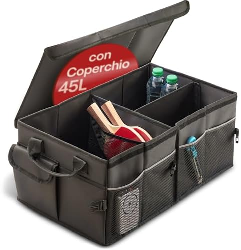 Praknu 45L Organizer Pieghevole Bagagliaio Auto con Coperchio - Regolabile fino a 20 L - 3 Scomparti con 11 Tasche - Fondo Antiscivolo - Resistente e Idrorepellente - Facile da Trasportare