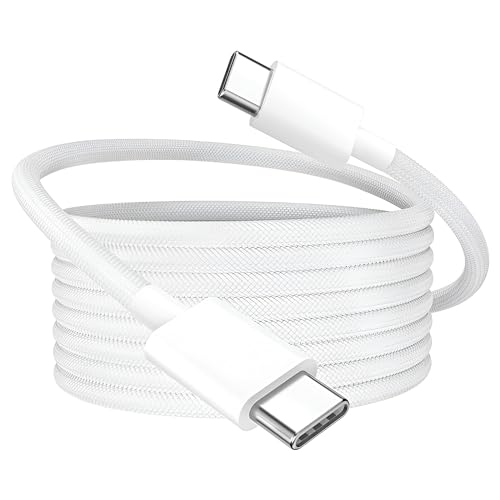 Image of iPhone 15 USB C Charger Cable,Fast Charge Type C To Type C Charging Nylon Braided Cord Wire For Apple15 /15 Plus /15 Pro Max,iPad Pro,Macbook,Samsung S24 Ultra /S23 Ultra /S22 /S23 Fe 5G,White-Grey