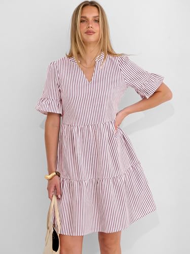 Image of Caracilia Dresses for Women Summer 2026 Striped V Neck Ruffle Sleeve A Line Tiered Flowy Casual Mini Beach Dress with Pockets